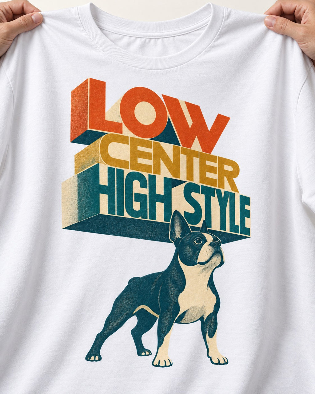 Low Center Boston Terrier T-Shirt in White, close-up of the graphic