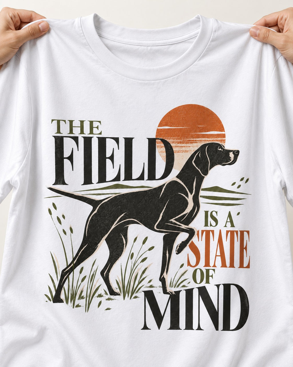 German Shorthaired Pointer Field State of Mind T-Shirt in White, close-up of the graphic