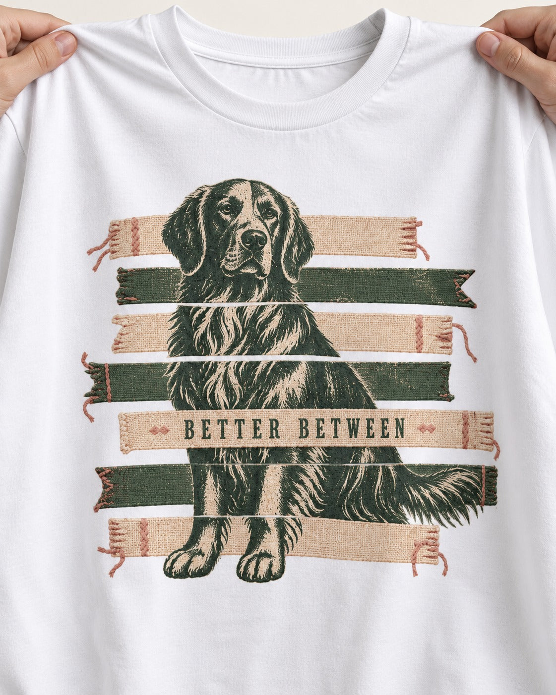 Golden Retriever Better Between T-Shirt in White, close-up of the graphic