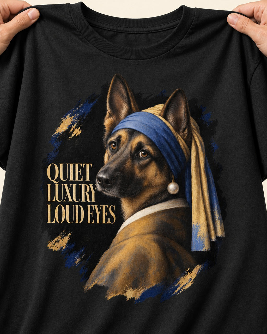 German Shepherd Dog Quiet Luxury Loud Eyes Pearl Portrait T-Shirt in Black, close-up of the graphic