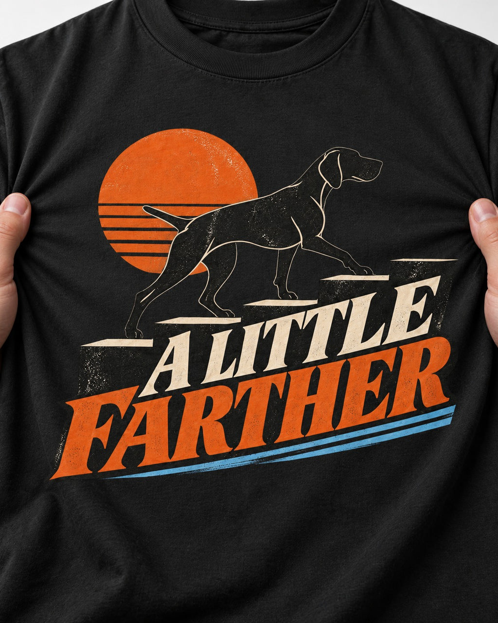 German Shorthaired Pointer A Little Farther Sunset Steps Graphic T-Shirt in Black, close-up of the graphic