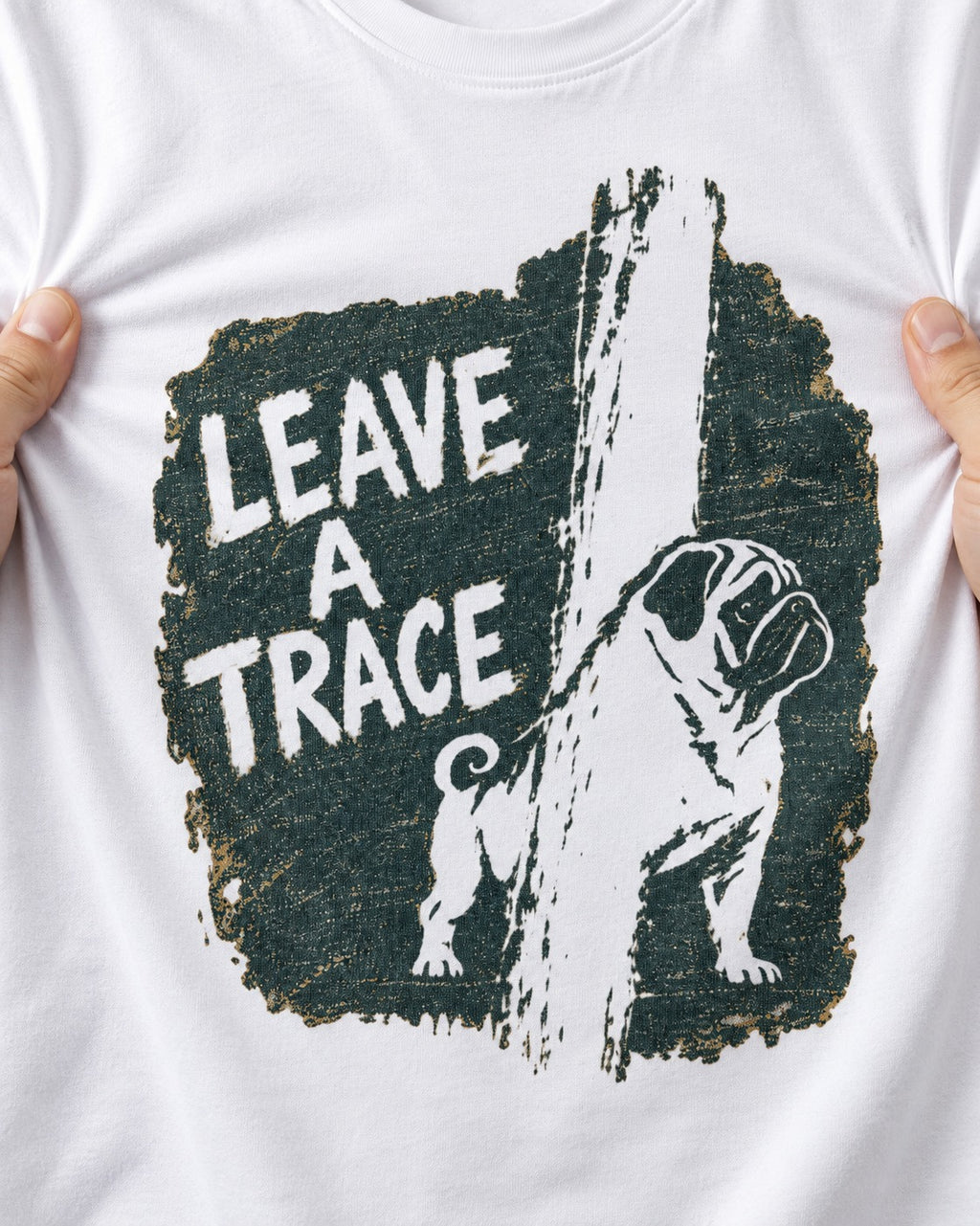 Pug Leaves a Trace T-Shirt in White, close-up of the graphic