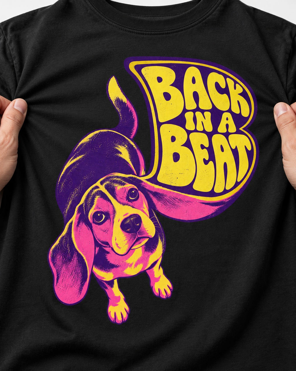 Groovy Beagle Back In A Beat T-Shirt in Black, close-up of the graphic