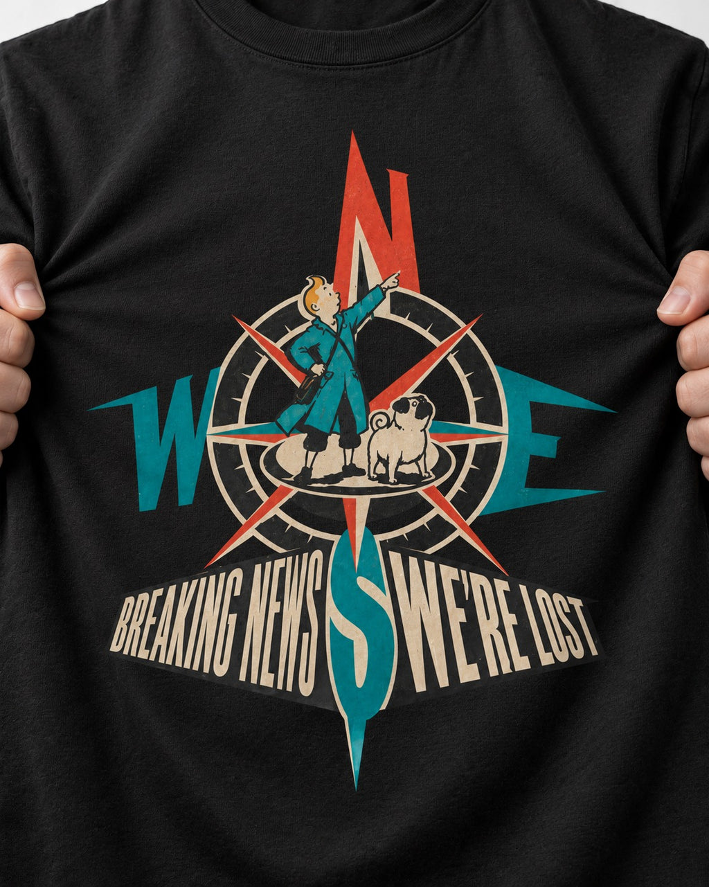 Pug Breaking News We're Lost Compass Graphic T-Shirt in Black, close-up of the graphic