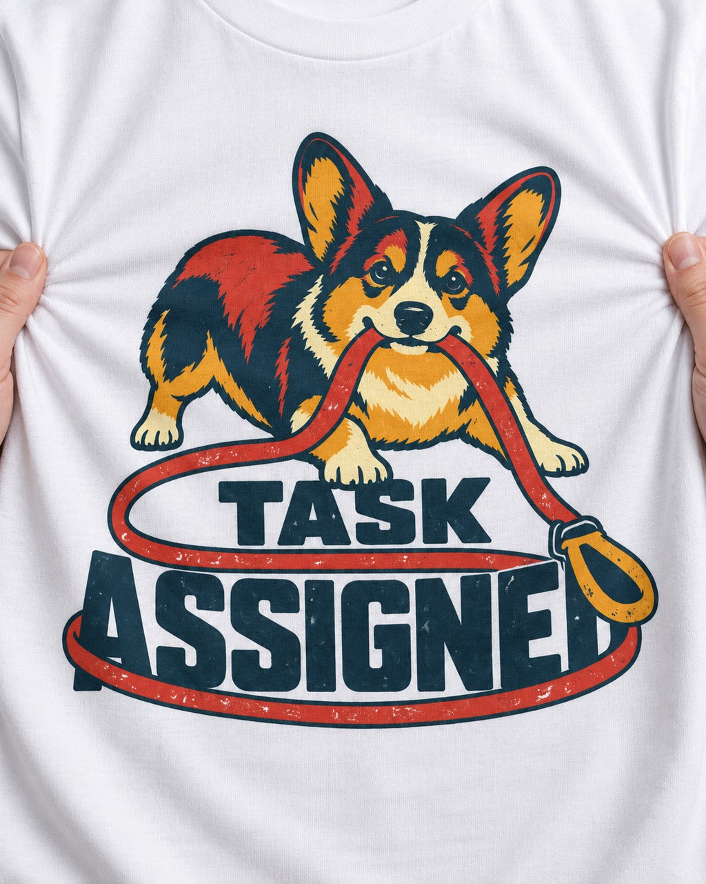 Corgi Task Assigned T-Shirt in White, close-up of the graphic