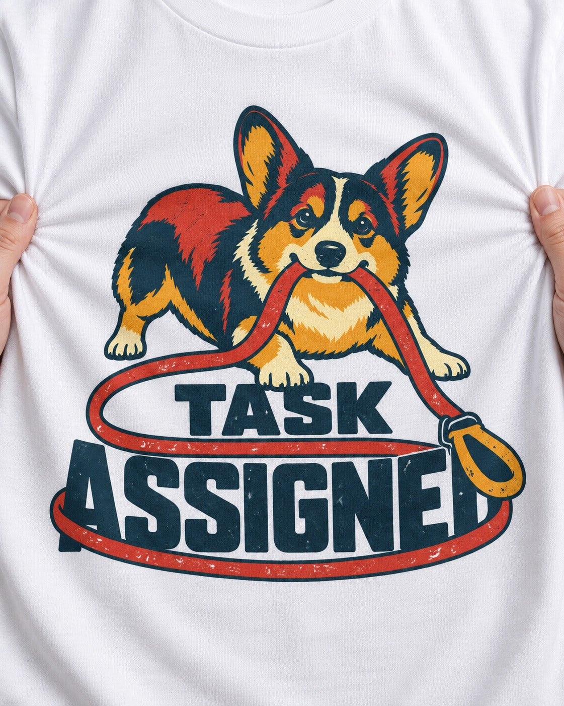 Corgi Task Assigned T-Shirt in White, close-up of the graphic