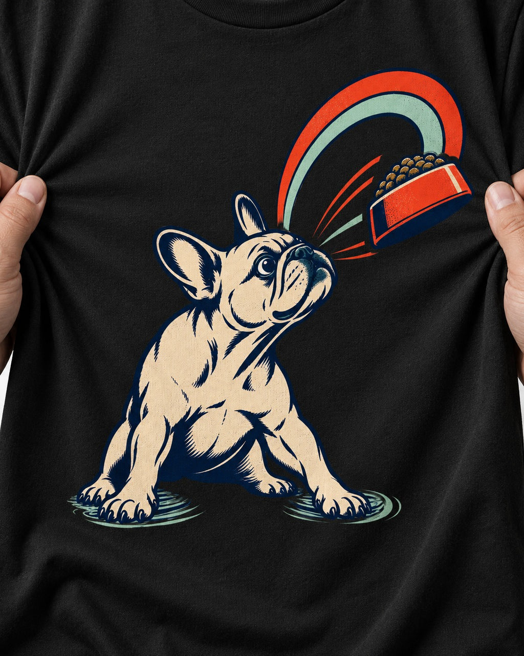 Frenchie Dinner Magnet Graphic T-Shirt in Black, close-up of the graphic