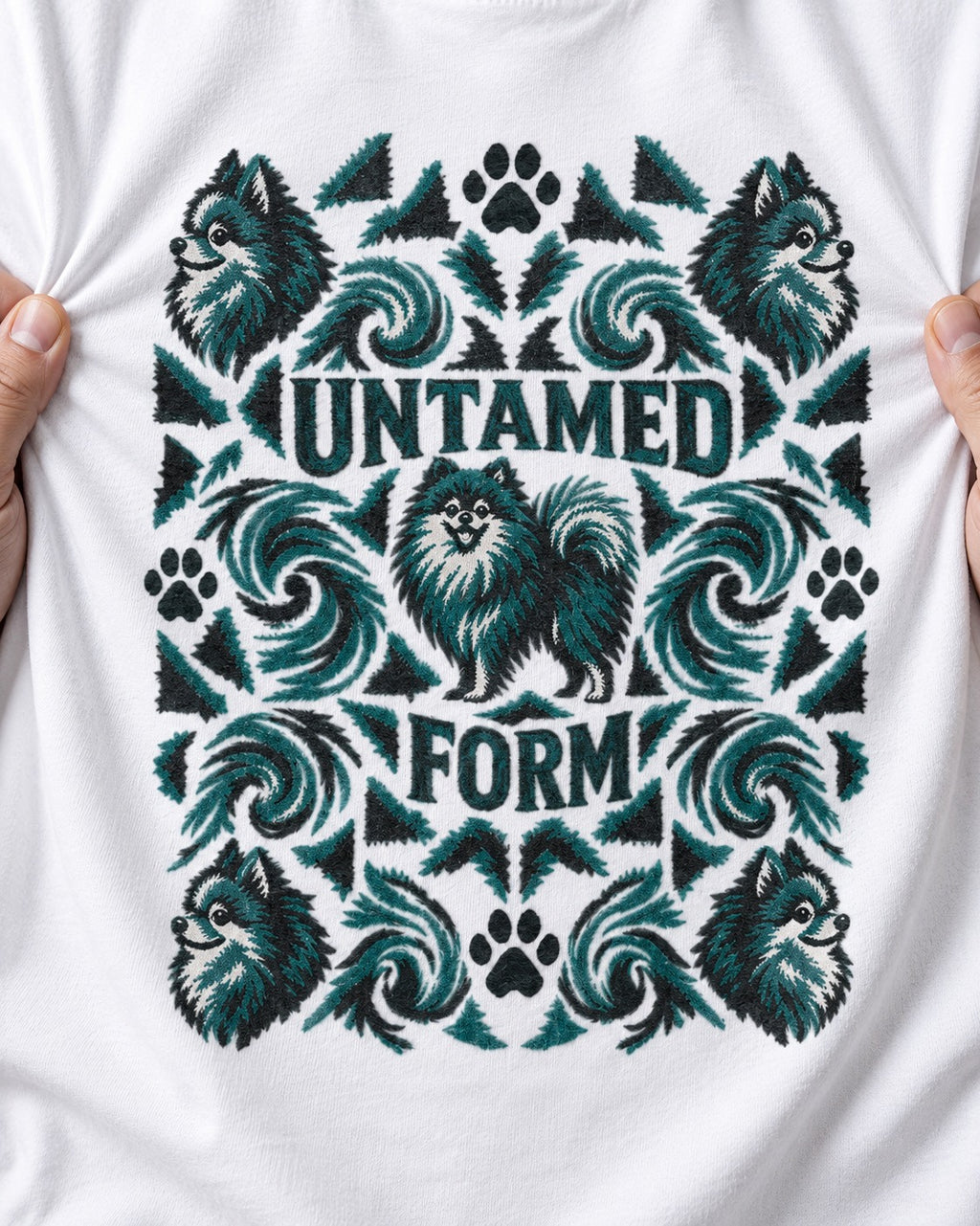 Pomeranian Untamed Form T-Shirt in White, close-up of the graphic