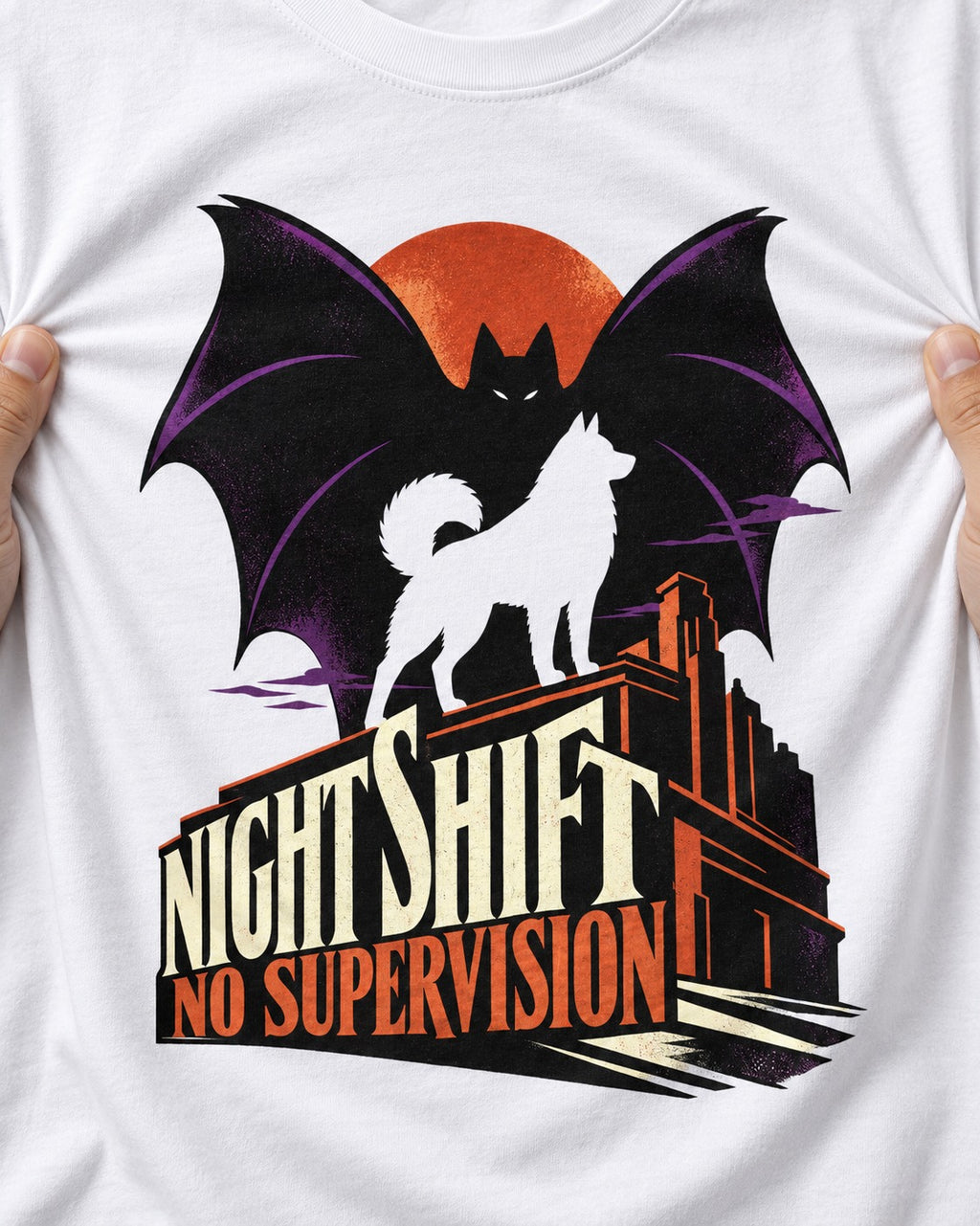 Husky Night Shift No Supervision T-Shirt in White, close-up of the graphic