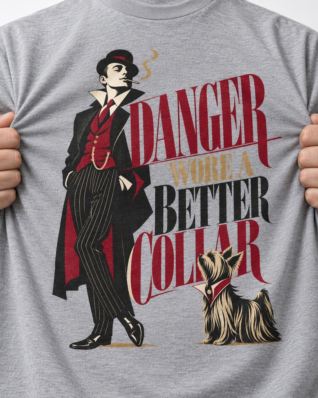 Yorkshire Terrier Danger Wore a Better Collar Art Deco Graphic T-Shirt in Sport Grey, close-up of the graphic