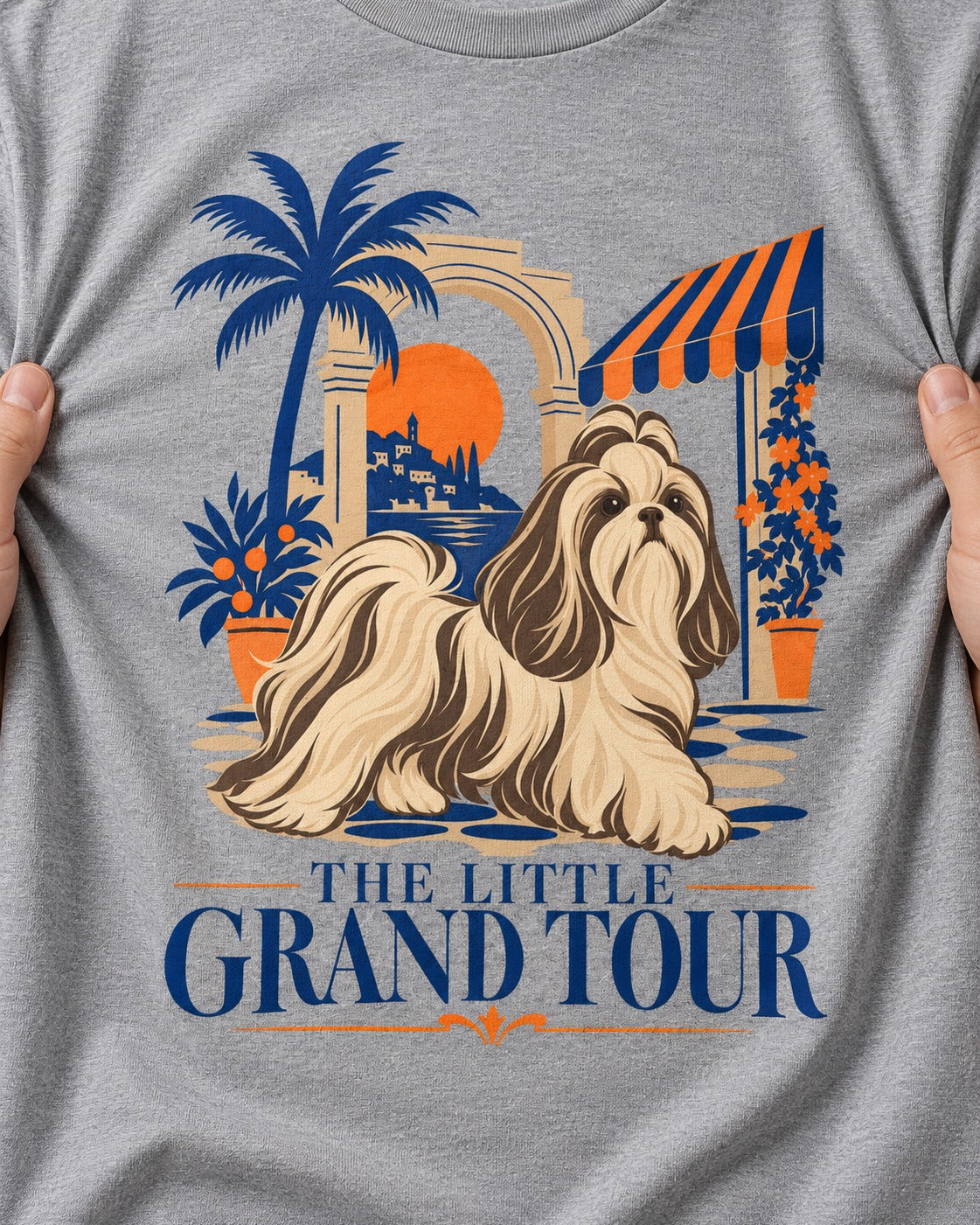 Shih Tzu The Little Grand Tour Mediterranean Courtyard Graphic T-Shirt in Sport Grey, close-up of the graphic
