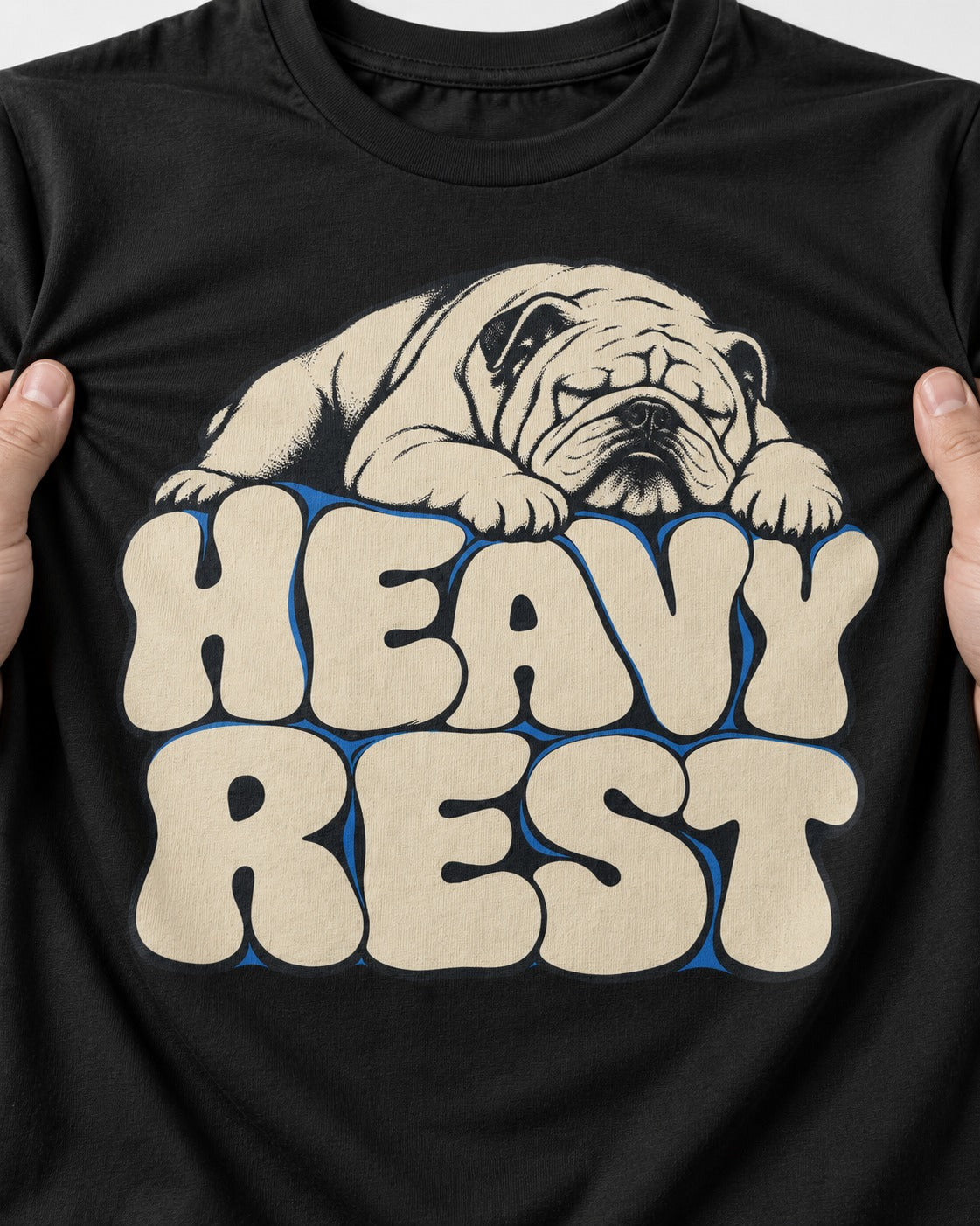 English Bulldog Heavy Rest Graphic T-Shirt in Black, close-up of the graphic