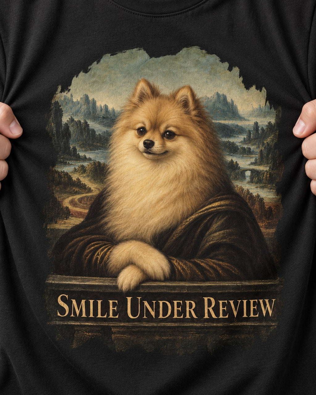Pomeranian Smile Under Review Renaissance Portrait Graphic T-Shirt in Black, close-up of the graphic