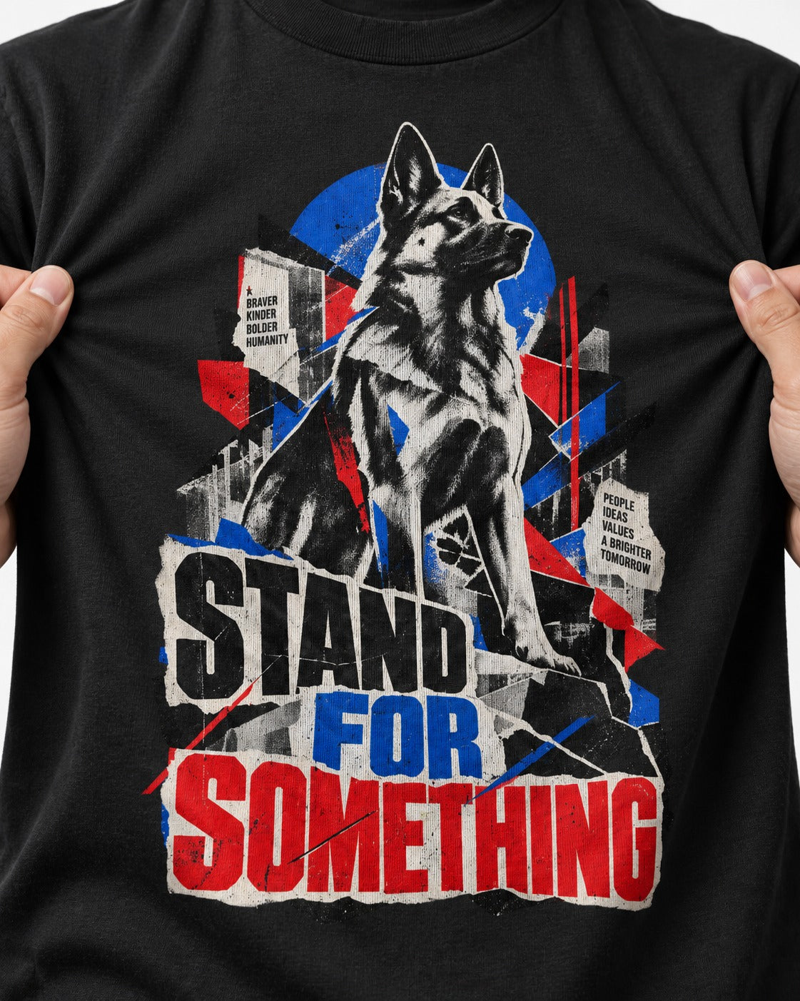 Stand For Something Brutalist Collage German Shepherd Dog Graphic T-Shirt in Black, close-up of the graphic