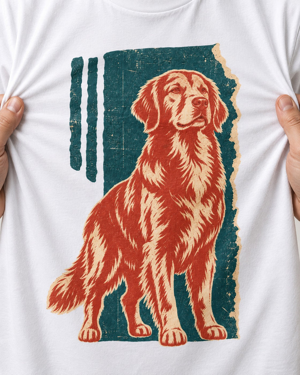 Golden Retriever Steadfast Heart T-Shirt in White, close-up of the graphic