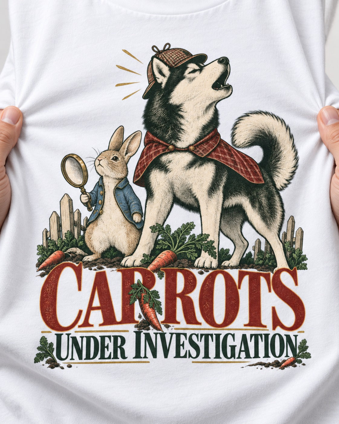 Carrots Under Husky Investigation T-Shirt in White, close-up of the graphic