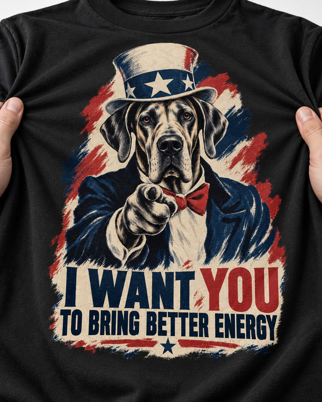 Great Dane I Want You to Bring Better Energy Uncle Sam Graphic T-Shirt in Black, close-up of the graphic