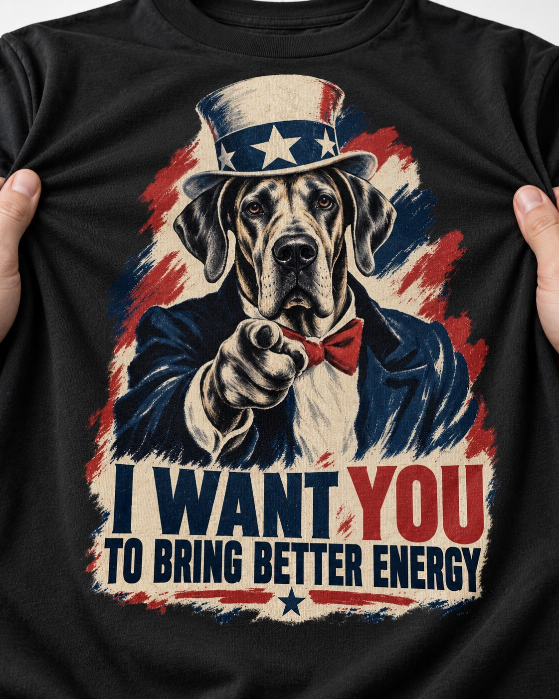Great Dane I Want You to Bring Better Energy Uncle Sam Graphic T-Shirt in Black, close-up of the graphic