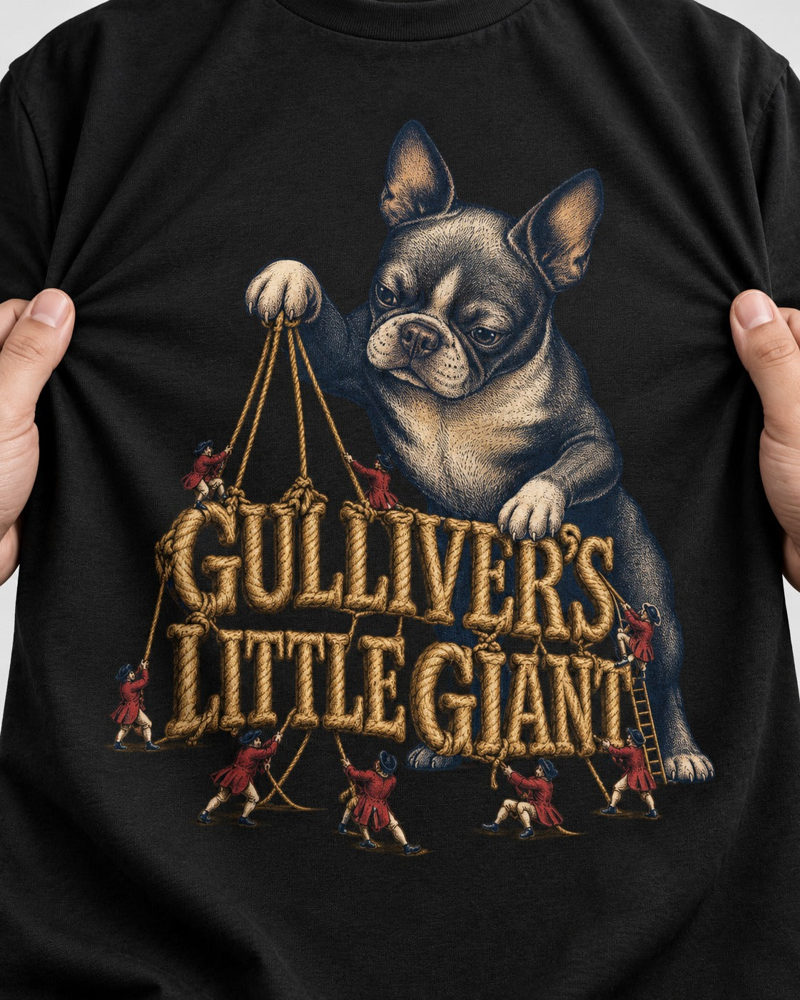 Boston Terrier Gulliver’s Little Giant T-Shirt in Black, close-up of the graphic