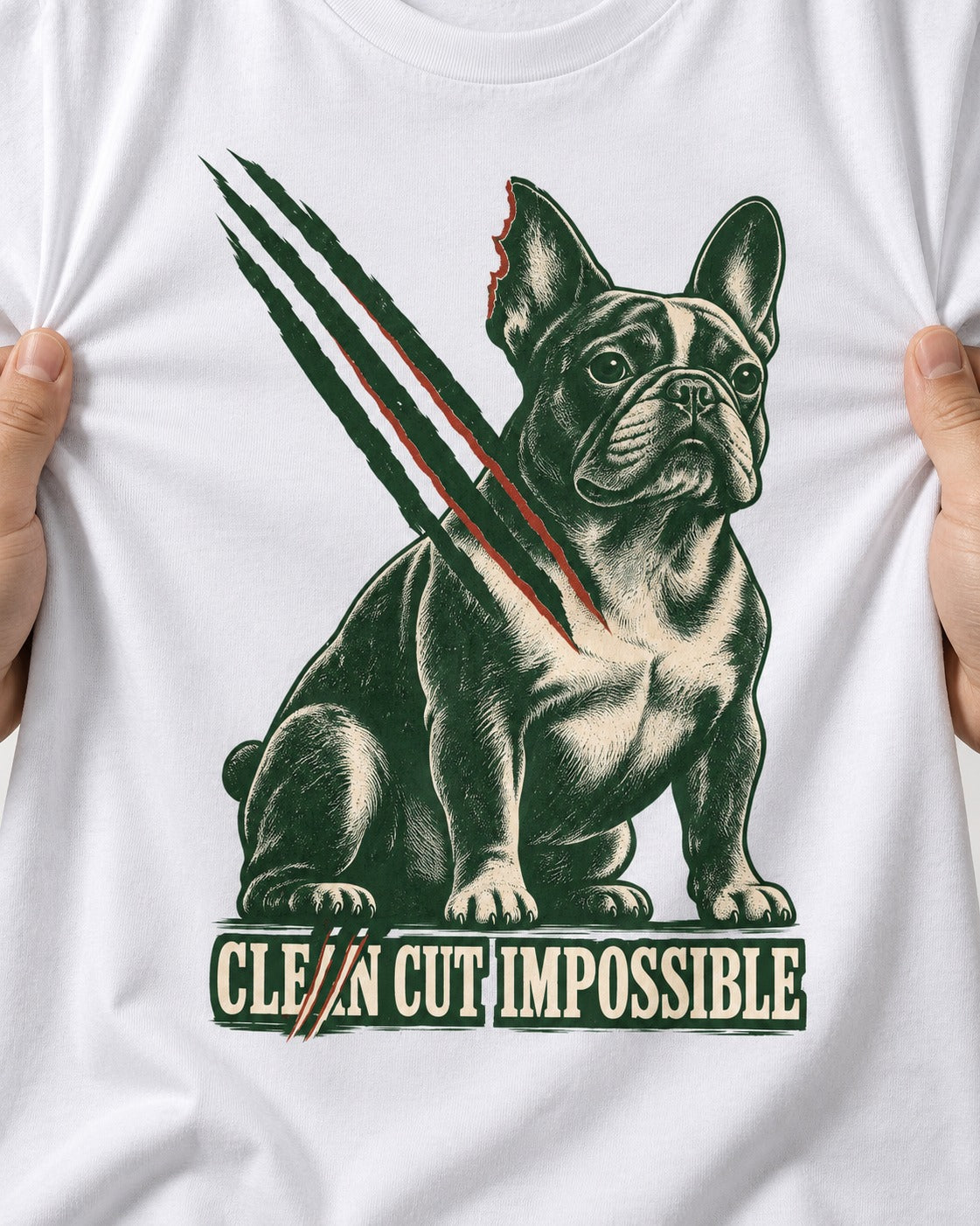 Frenchie Clean Cut Impossible T-Shirt in White, close-up of the graphic