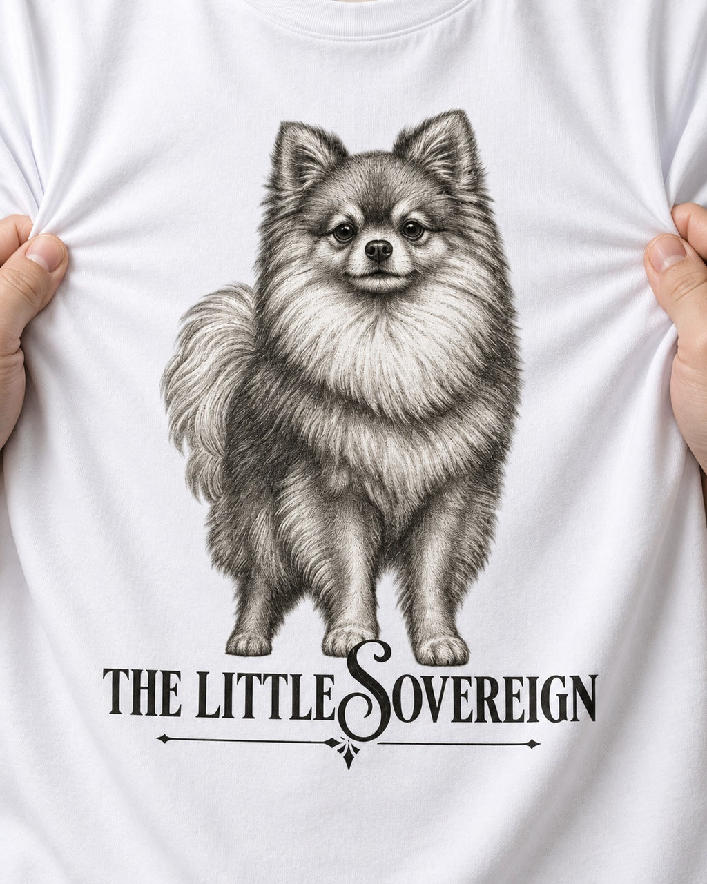 The Little Sovereign Pomeranian T-Shirt in White, close-up of the graphic