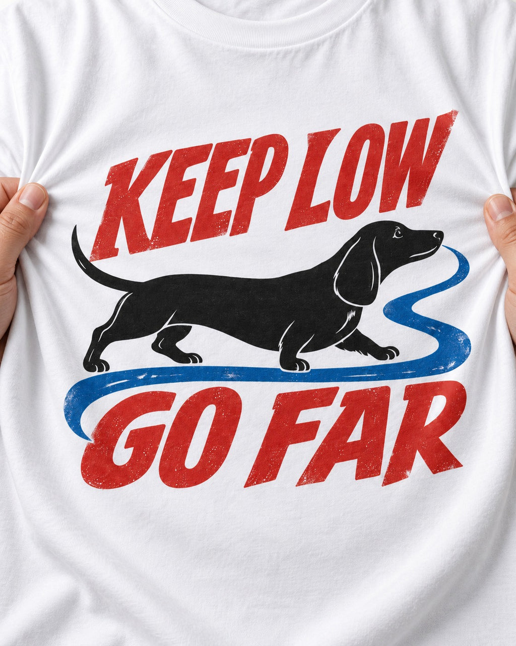Keep Low Go Far Dachshund T-Shirt in White, close-up of the graphic