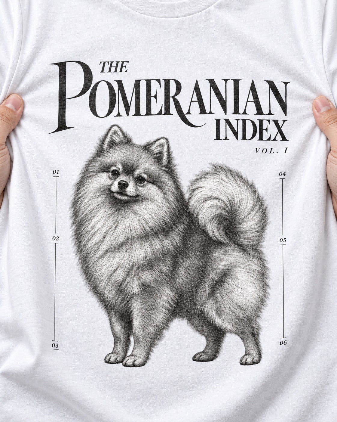 The Pomeranian Index T-Shirt in White, close-up of the graphic