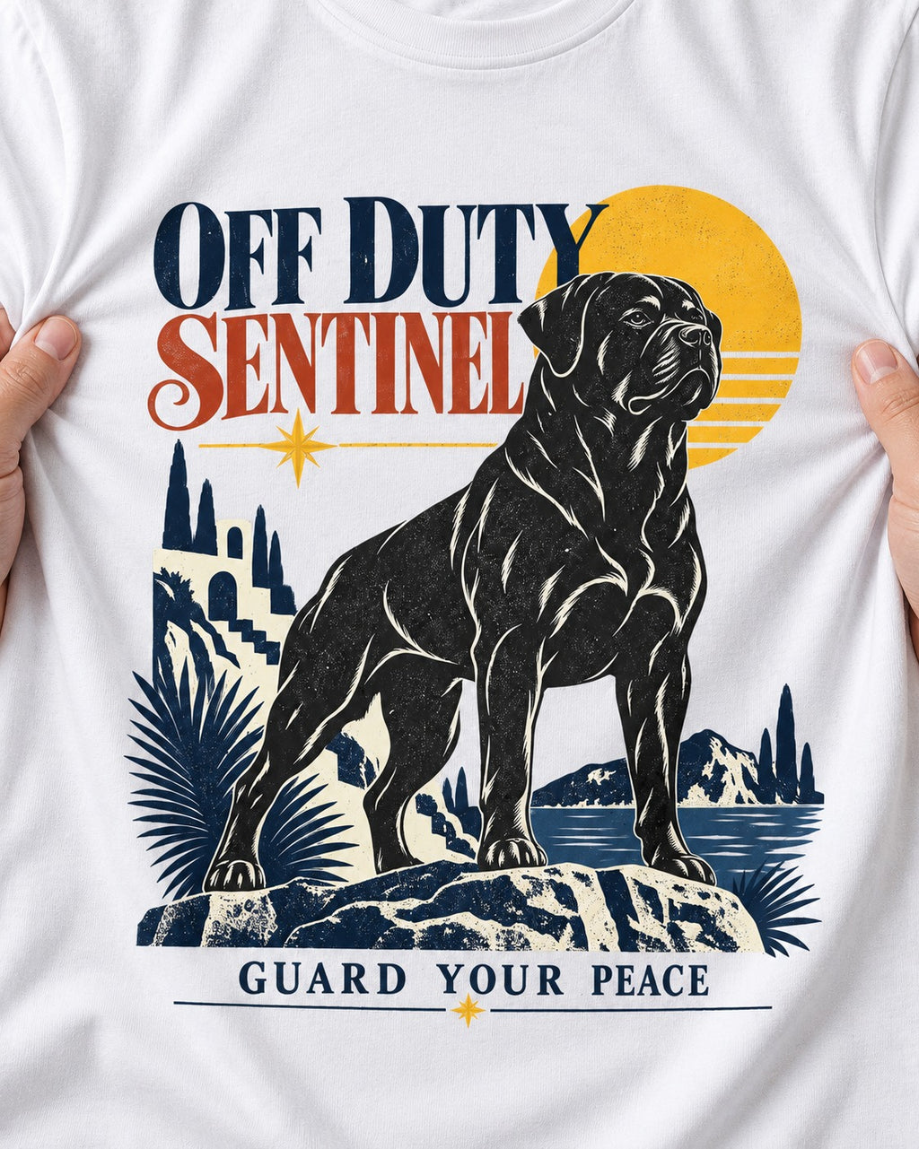 Off Duty Rottweiler Sentinel T-Shirt in White, close-up of the graphic