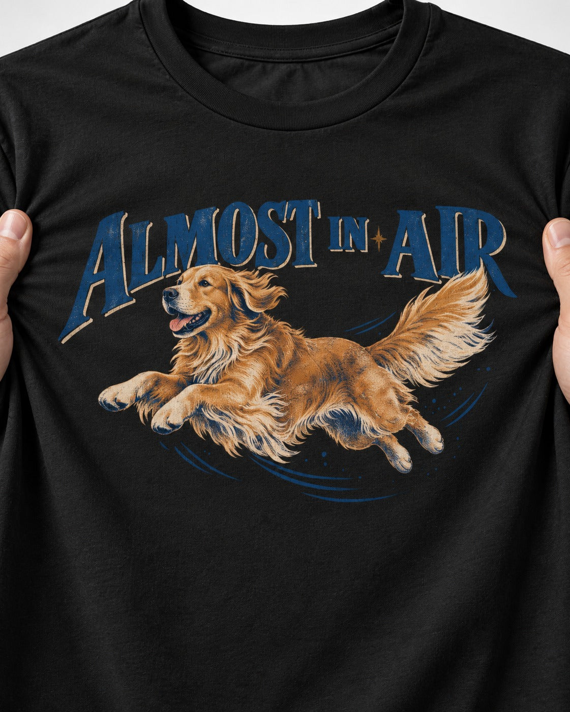 Golden Retriever Almost in Air Flying Graphic T-Shirt in Black, close-up of the graphic