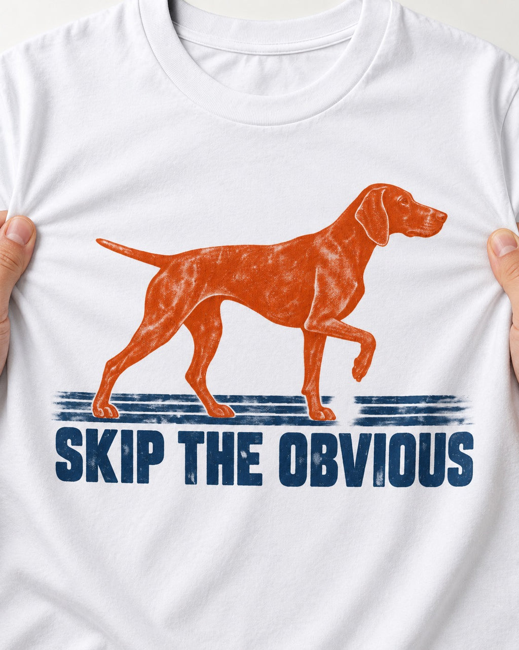 Skip the Obvious German Shorthaired Pointer T-Shirt in White, close-up of the graphic