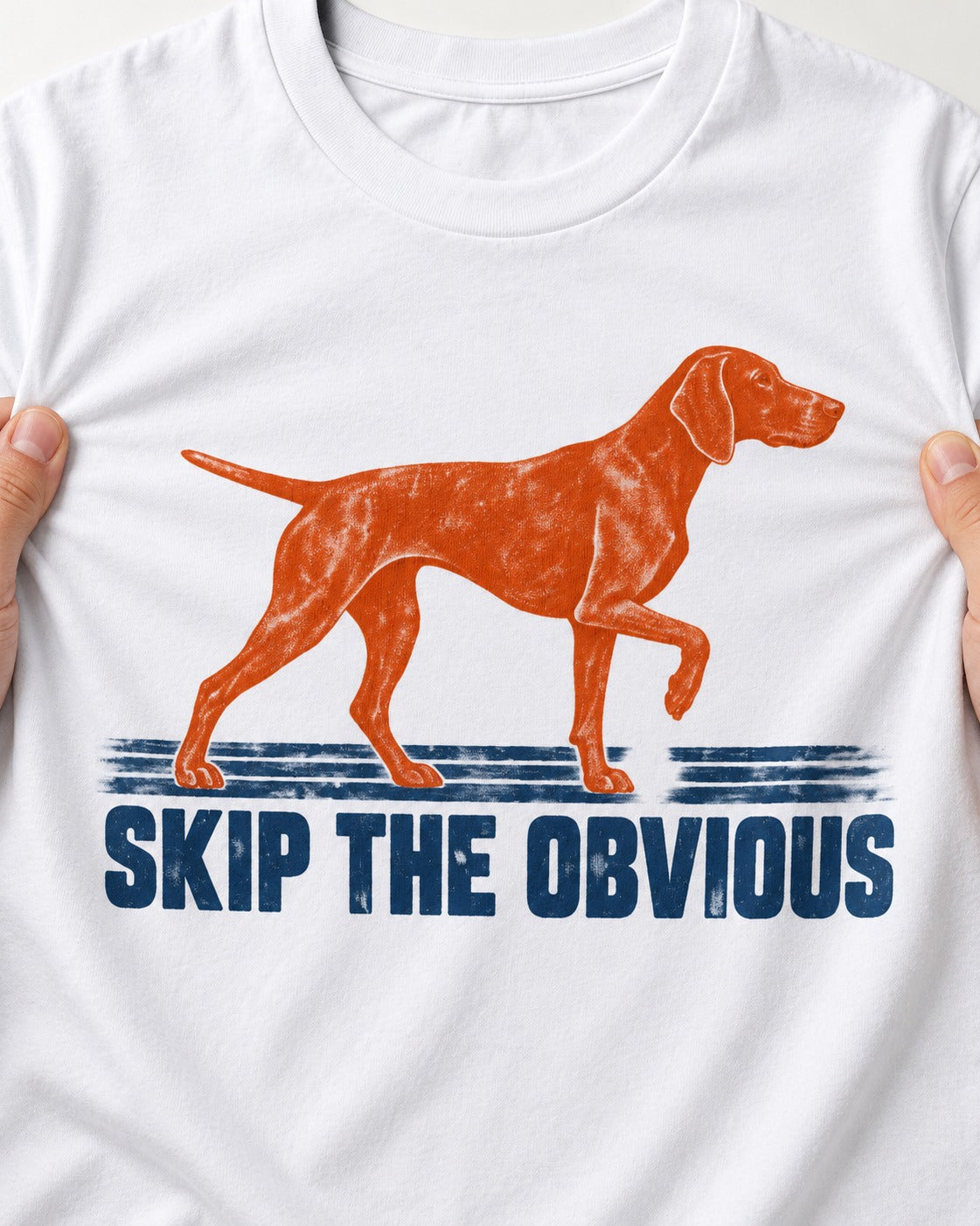 Skip the Obvious German Shorthaired Pointer T-Shirt in White, close-up of the graphic