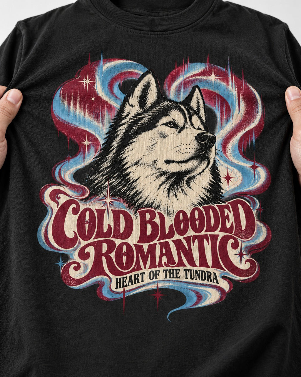 Husky Cold Blooded Romantic Heart of the Tundra Graphic T-Shirt in Black, close-up of the graphic