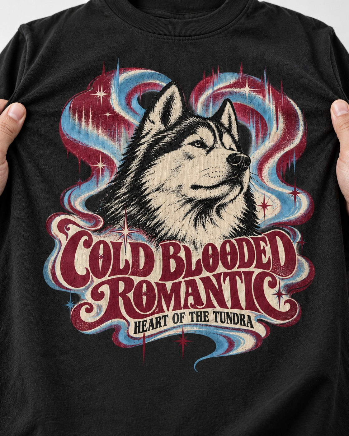 Husky Cold Blooded Romantic Heart of the Tundra Graphic T-Shirt in Black, close-up of the graphic