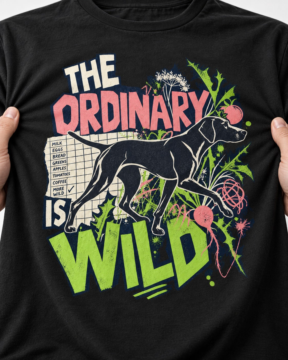 German Shorthaired Pointer The Ordinary Is Wild Grocery List Graphic T-Shirt in Black, close-up of the graphic
