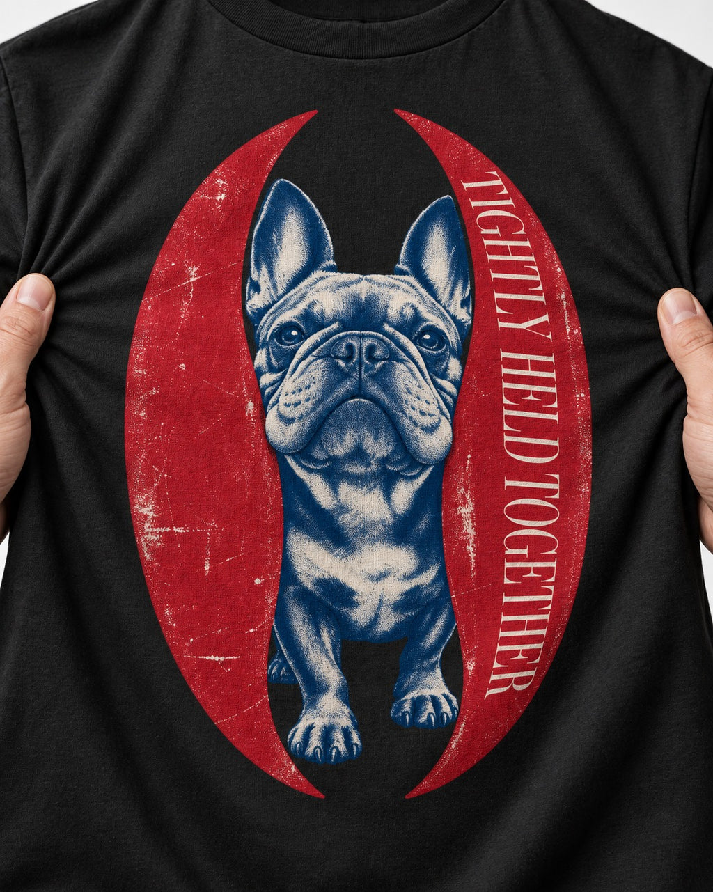 Frenchie Tightly Held Together Red Oval Graphic T-Shirt in Black, close-up of the graphic