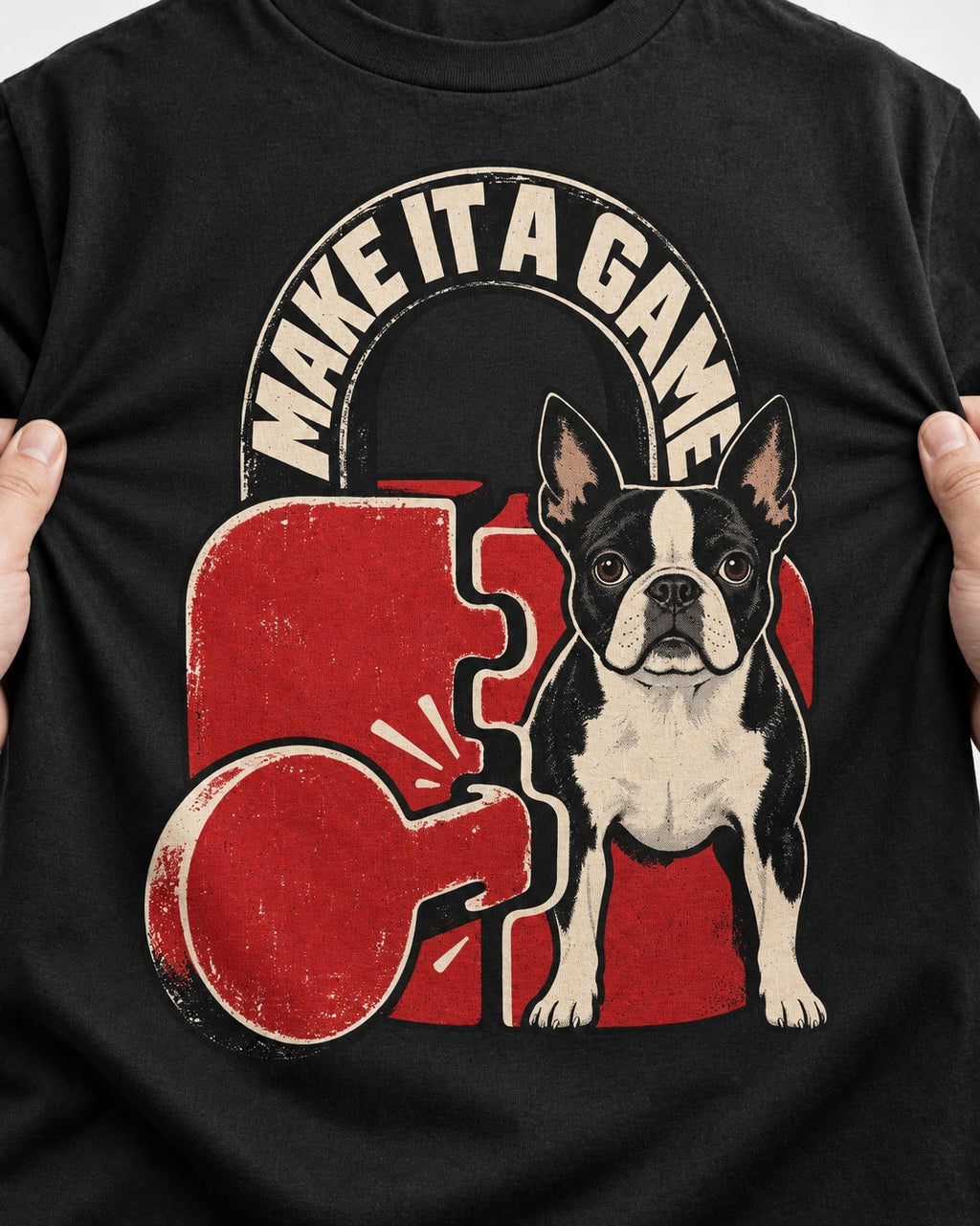 Boston Terrier Make It a Game T-Shirt in Black, close-up of the graphic
