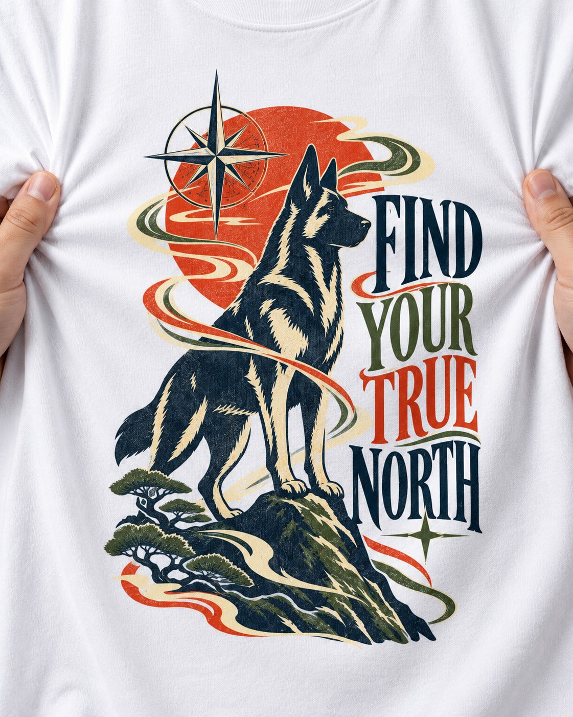 Find Your True North German Shepherd Dog T-Shirt in White, close-up of the graphic