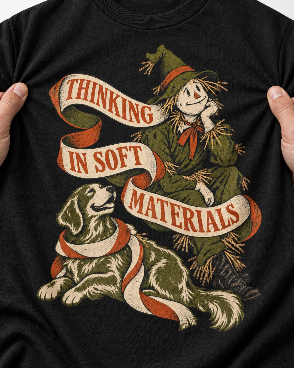 Golden Retriever Thinking in Soft Materials Scarecrow Graphic T-Shirt in Black, close-up of the graphic