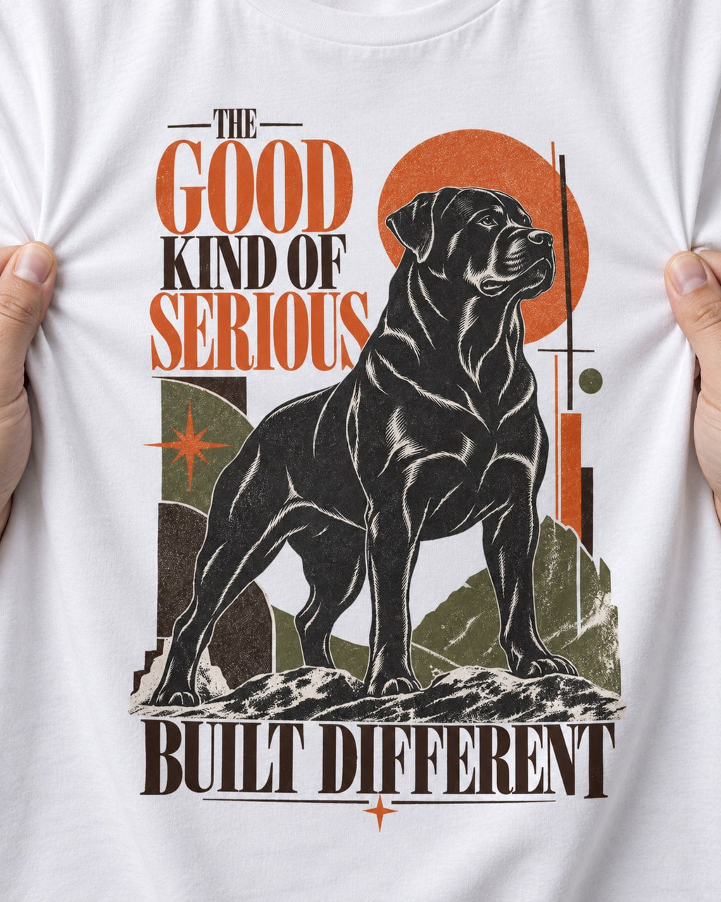 Rottweiler Built Different T-Shirt in White, close-up of the graphic