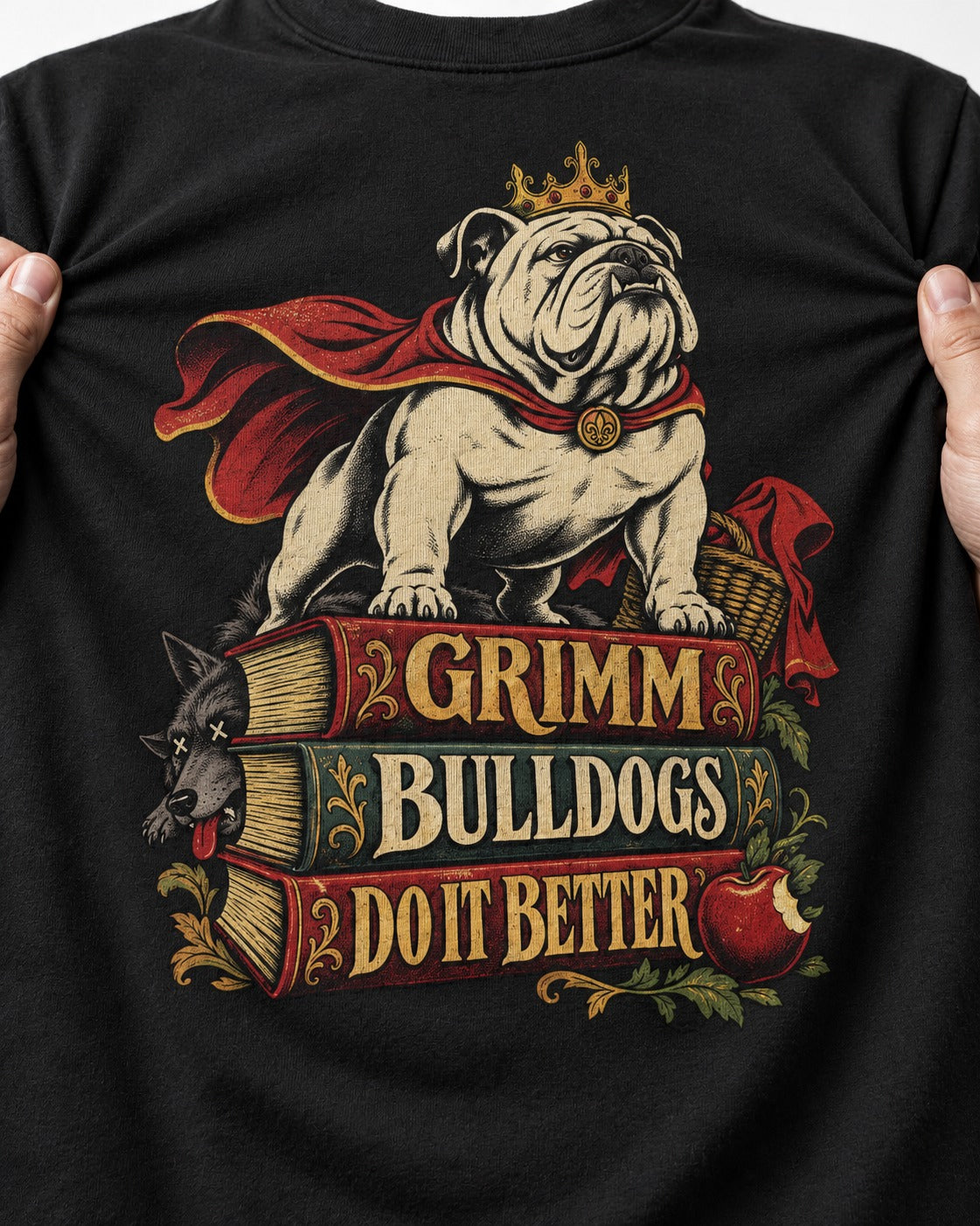 English Bulldog Grimm Bulldogs Do It Better Storybook Graphic T-Shirt in Black, close-up of the graphic
