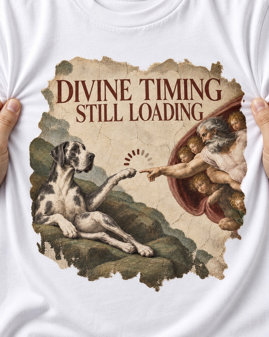 Great Dane Divine Timing Still Loading T-Shirt in White, close-up of the graphic