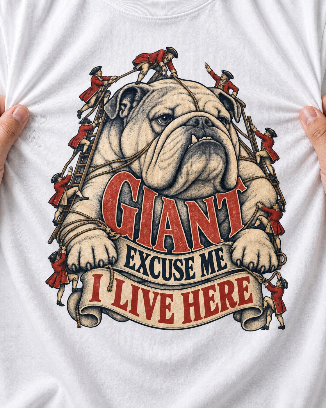 English Bulldog I Live Here T-Shirt in White, close-up of the graphic