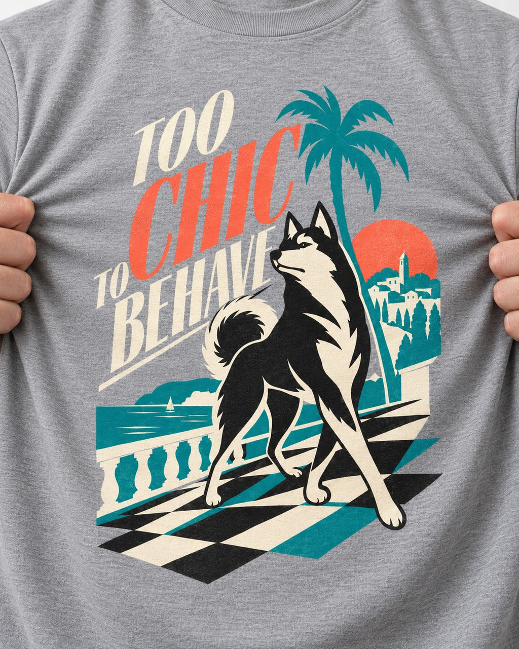 Husky Too Chic to Behave Riviera Graphic T-Shirt in Sport Grey, close-up of the graphic