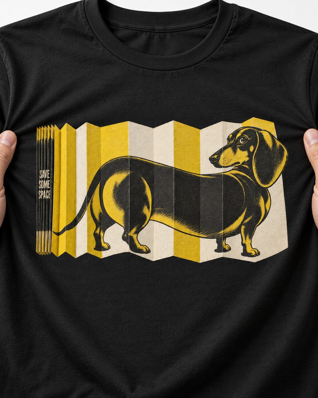 Dachshund Save Some Space Accordion Screen Graphic T-Shirt in Black, close-up of the graphic