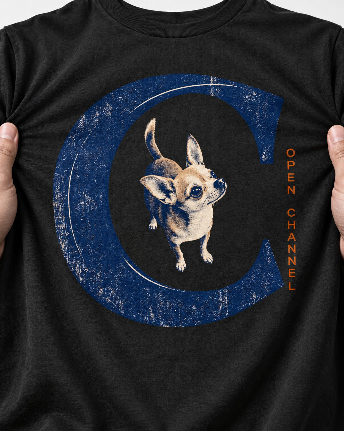 Chihuahua Open Channel T-Shirt in Black, close-up of the graphic