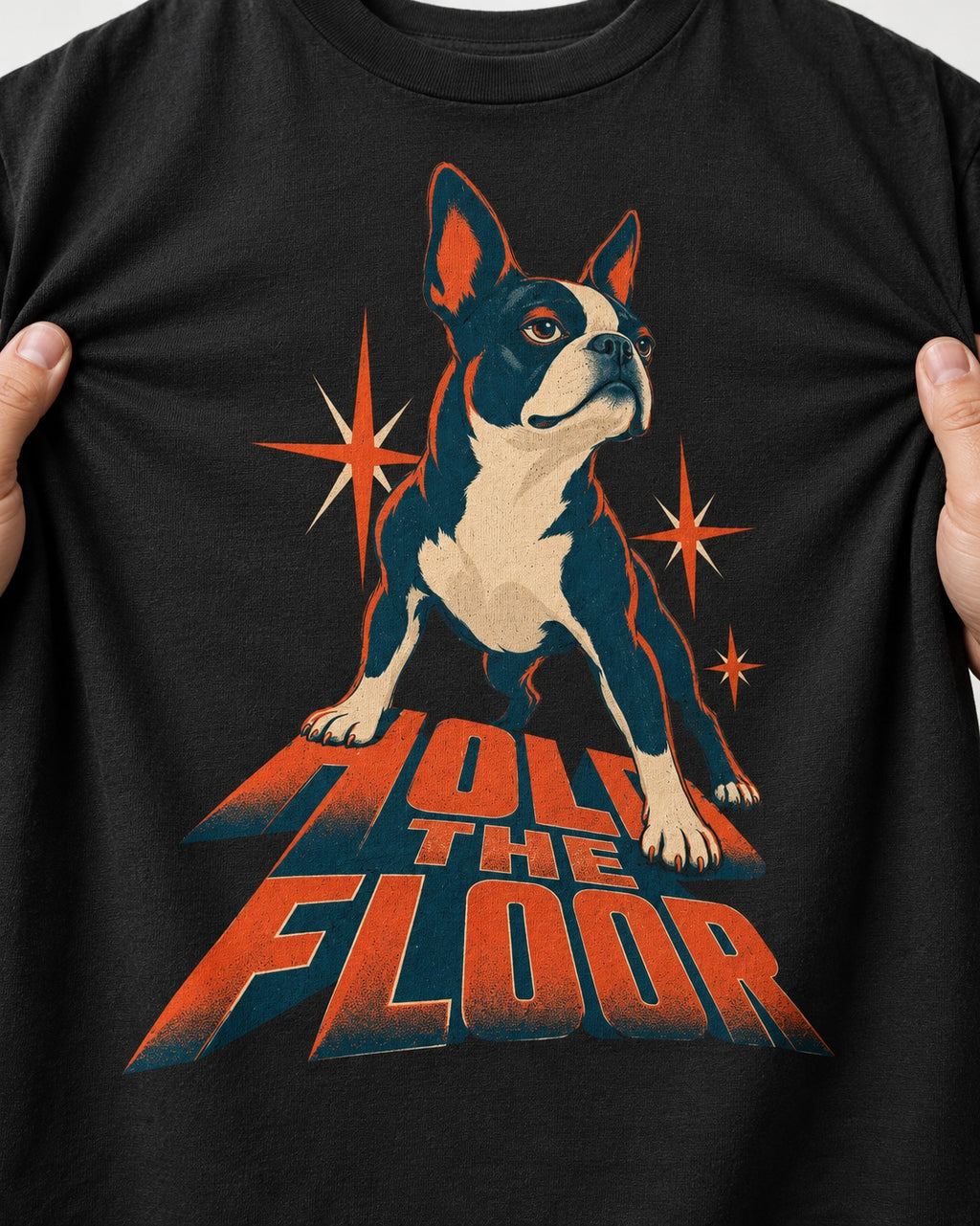 Boston Terrier On The Floor Perspective Graphic T-Shirt in Black, close-up of the graphic