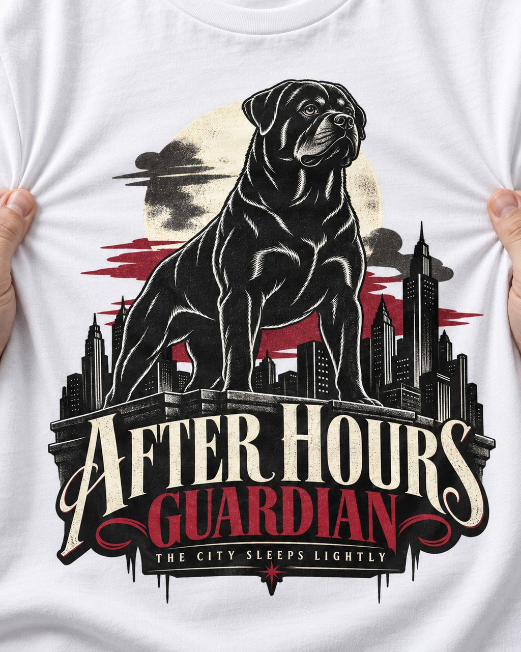 After Hours Rottweiler Guardian T-Shirt in White, close-up of the graphic