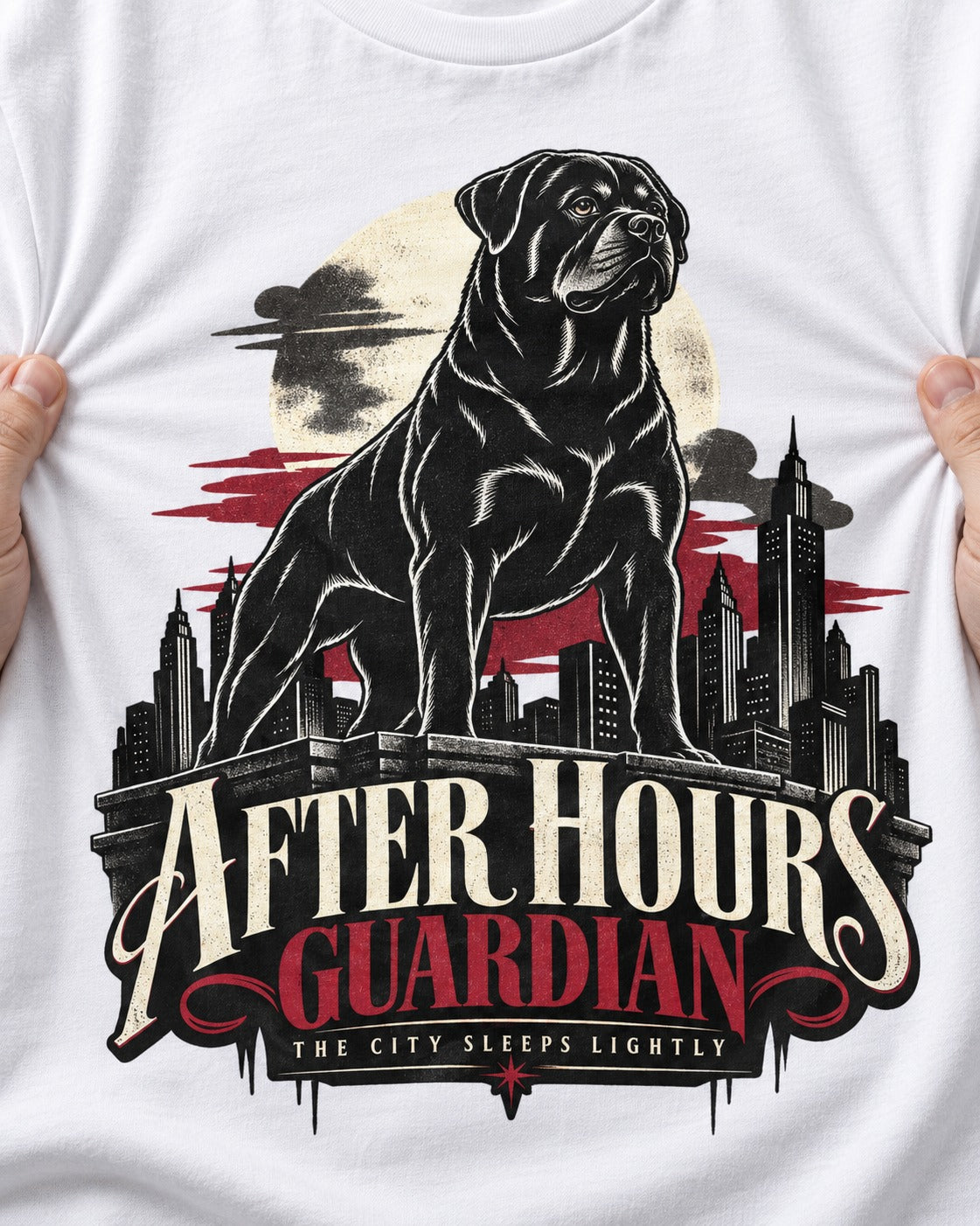 After Hours Rottweiler Guardian T-Shirt in White, close-up of the graphic