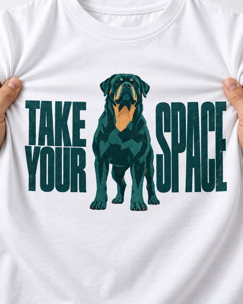 Rottweiler Take Your Space T-Shirt in White, close-up of the graphic
