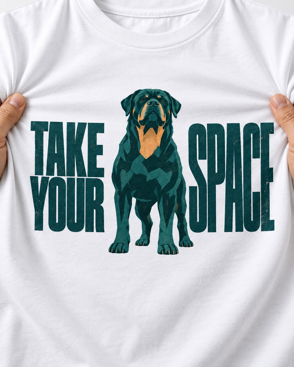 Rottweiler Take Your Space T-Shirt in White, close-up of the graphic